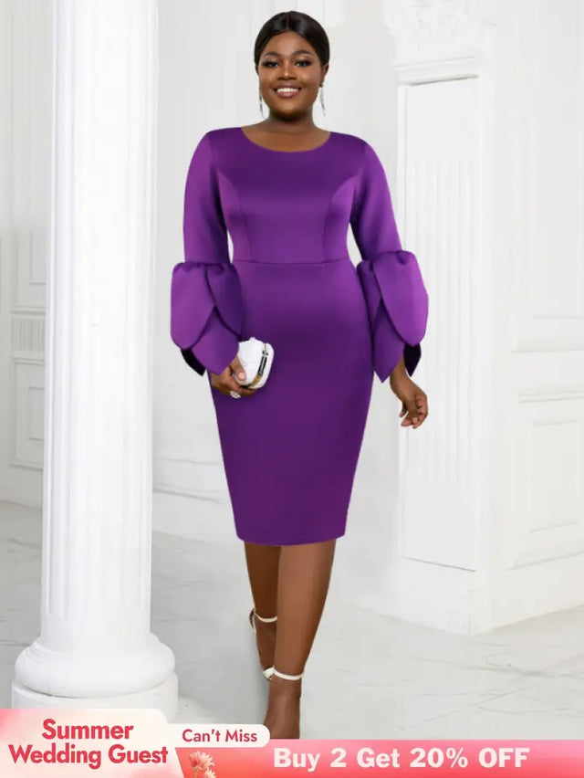 AOMEI Plus Size O Neck Long Sleeve Dress Purple / 1XL