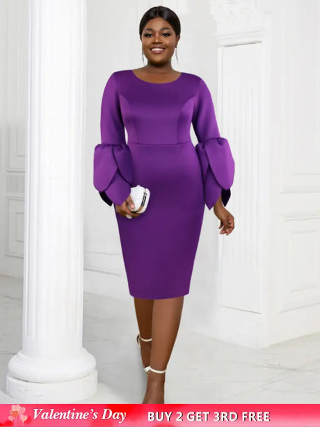 AOMEI Plus Size O Neck Long Sleeve Dress Purple / 1XL
