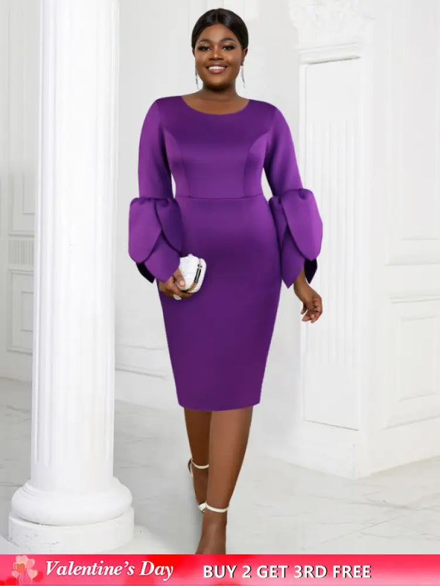 AOMEI Plus Size O Neck Long Sleeve Dress Purple / 1XL