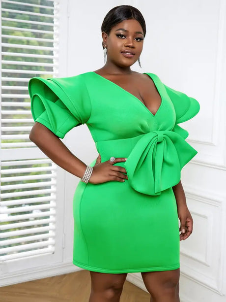 AOMEI Plus Size V Neck Bowtie Mini Dresses Green / S