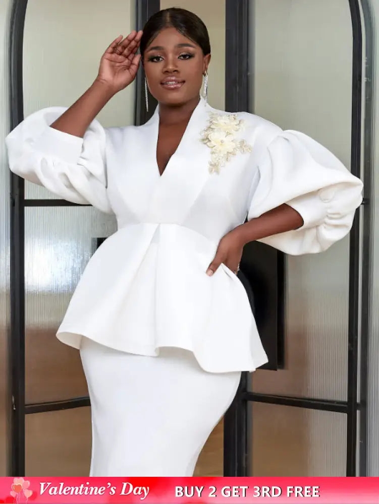 AOMEI Plus Size V Neck Lace Flower Tops Half Lantern Sleeve