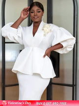 AOMEI Plus Size V Neck Lace Flower Tops Half Lantern Sleeve