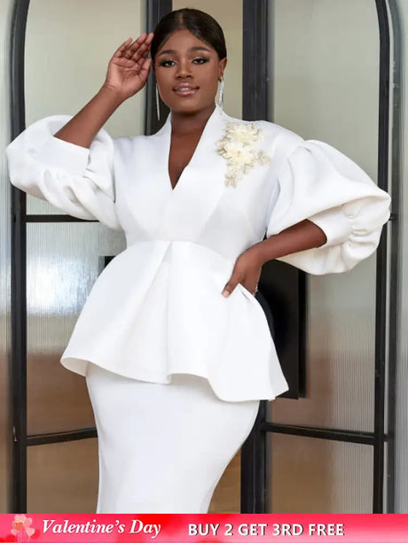 AOMEI Plus Size V Neck Lace Flower Tops Half Lantern Sleeve