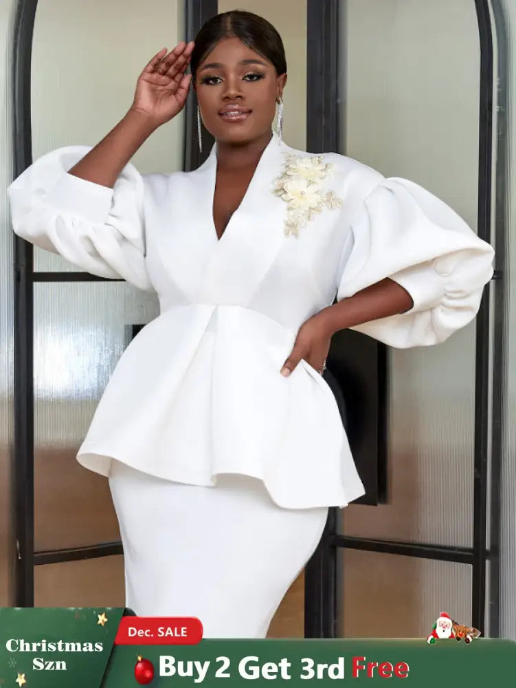 AOMEI Plus Size V Neck Lace Flower Tops Half Lantern Sleeve