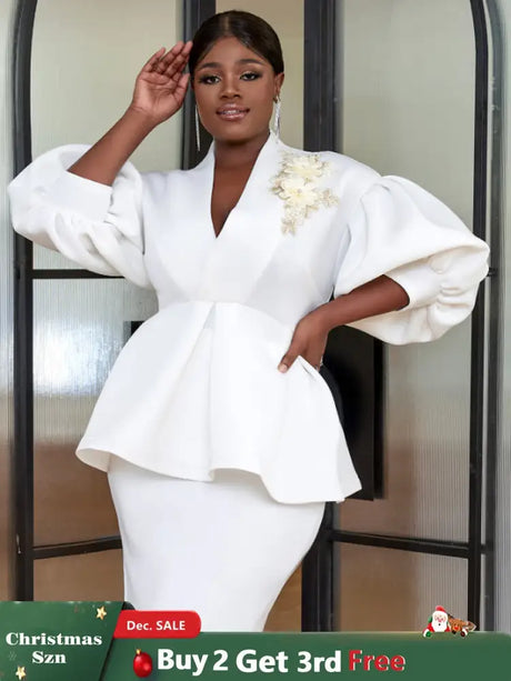 AOMEI Plus Size V Neck Lace Flower Tops Half Lantern Sleeve