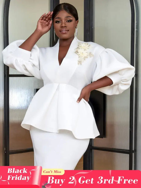 AOMEI Plus Size V Neck Lace Flower Tops Half Lantern Sleeve