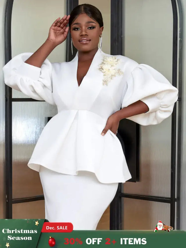 AOMEI Plus Size V Neck Lace Flower Tops Half Lantern Sleeve