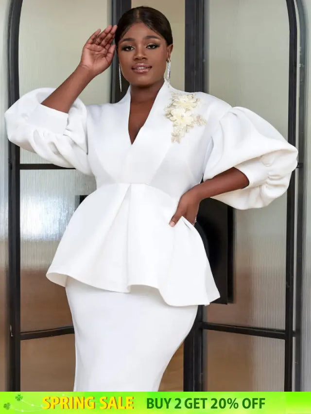 AOMEI Plus Size V Neck Lace Flower Tops Half Lantern Sleeve