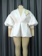 AOMEI Plus Size V Neck Lace Flower Tops Half Lantern Sleeve