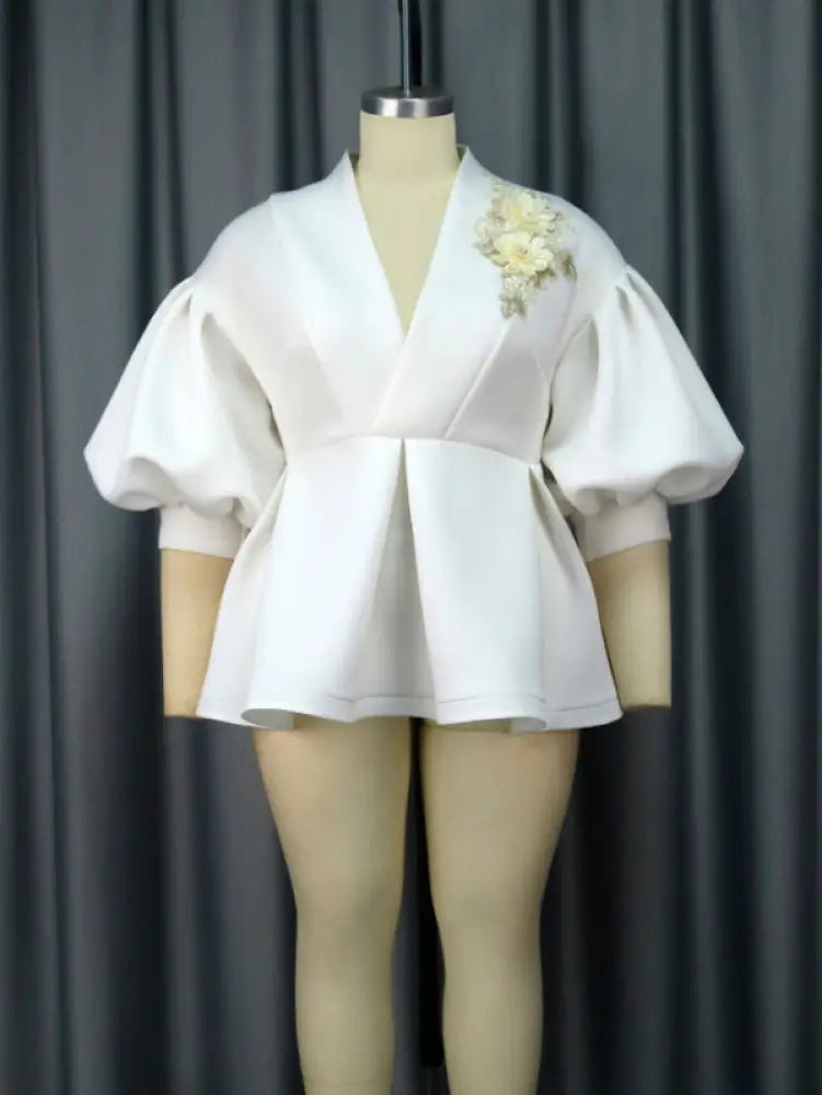 AOMEI Plus Size V Neck Lace Flower Tops Half Lantern Sleeve