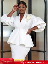 AOMEI Plus Size V Neck Lace Flower Tops Half Lantern Sleeve