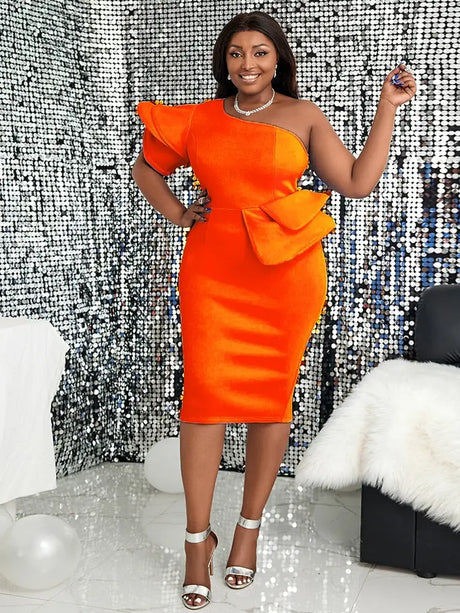 AOMEI Plus Size Women One Shoulder Ruffles Dress Midi Orange / S