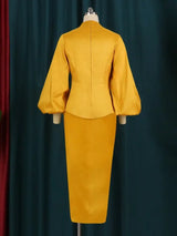 AOMEI Puff Sleeve Half Collar Peplum Bodycon Dresses