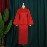 AOMEI Puff Sleeve Half Collar Peplum Bodycon Dresses
