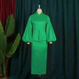 AOMEI Puff Sleeve Half Collar Peplum Bodycon Dresses Green / S