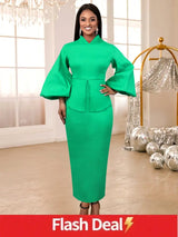 AOMEI Puff Sleeve Half Collar Peplum Bodycon Dresses Green / S