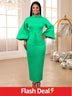 AOMEI Puff Sleeve Half Collar Peplum Bodycon Dresses Green / S