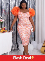 AOMEI Ruffle Short Sleeve Printed Vintage Dress Midi