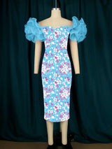 AOMEI Ruffle Short Sleeve Printed Vintage Dress Midi Blue / L
