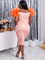 AOMEI Ruffle Short Sleeve Printed Vintage Dress Midi