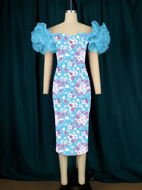 AOMEI Ruffle Short Sleeve Printed Vintage Dress Midi Blue / 4XL