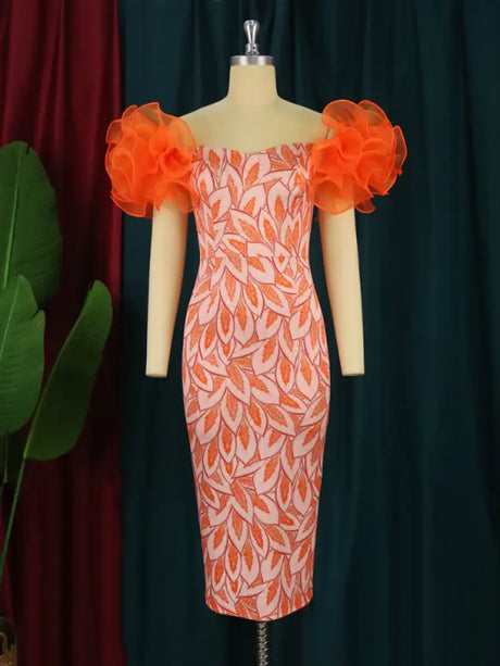 AOMEI Ruffle Short Sleeve Printed Vintage Dress Midi Orange / S