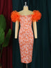 AOMEI Ruffle Short Sleeve Printed Vintage Dress Midi Orange / S