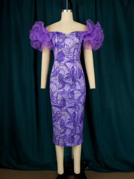 AOMEI Ruffle Short Sleeve Printed Vintage Dress Midi Purple / S