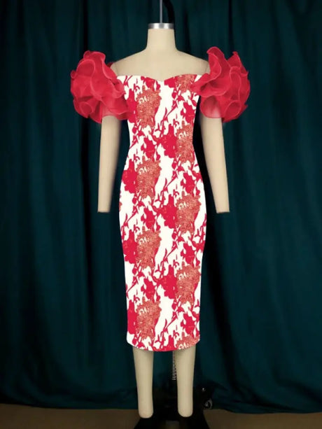 AOMEI Ruffle Short Sleeve Printed Vintage Dress Midi Red / S