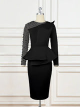 AOMEI Sexy Long Sleeve Bead Mesh Patchwork Dress