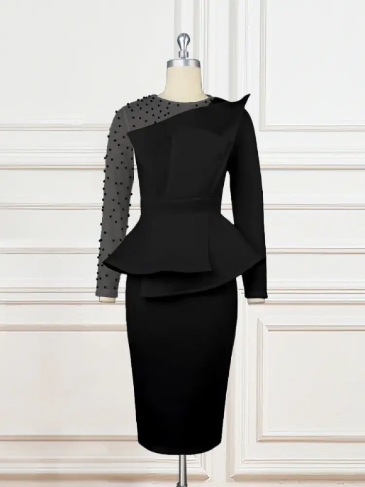 AOMEI Sexy Long Sleeve Bead Mesh Patchwork Dress