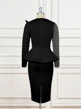 AOMEI Sexy Long Sleeve Bead Mesh Patchwork Dress