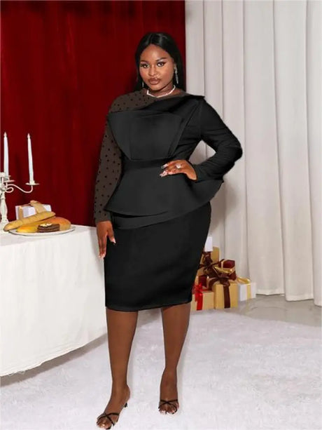 AOMEI Sexy Long Sleeve Bead Mesh Patchwork Dress Black / S