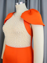 AOMEI Sexy See Through Beaded Midi Dress