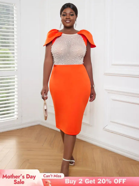 AOMEI Sexy See Through Beaded Midi Dress Orange / S