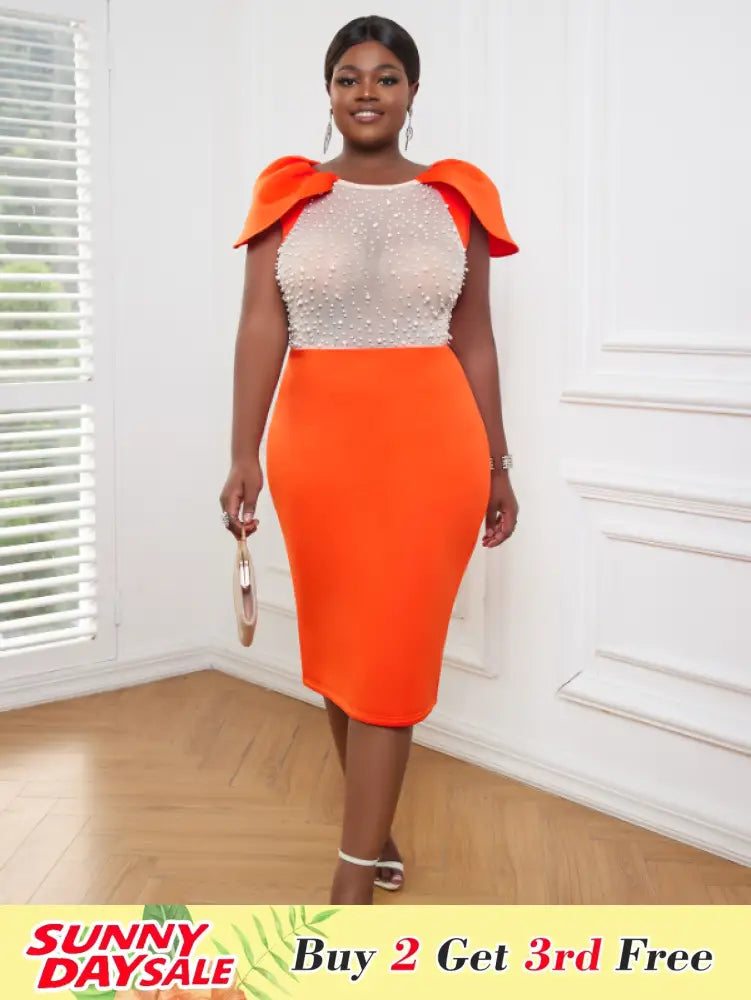 AOMEI Sexy See Through Beaded Midi Dress Orange / S