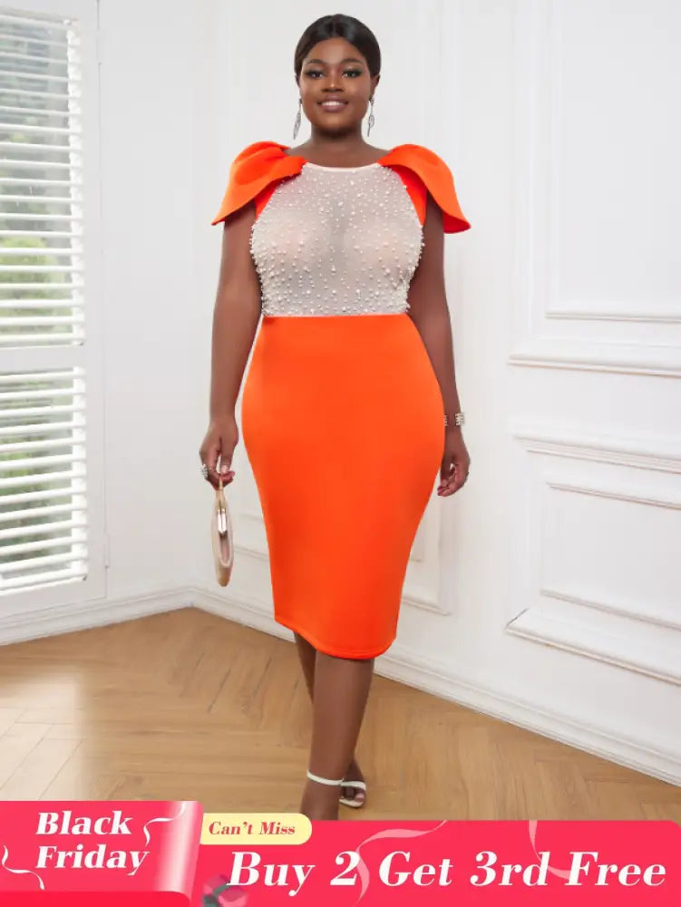AOMEI Sexy See Through Beaded Midi Dress Orange / S