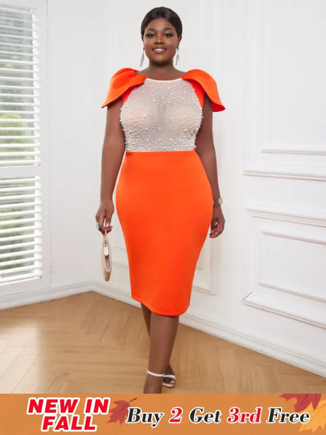 AOMEI Sexy See Through Beaded Midi Dress Orange / S
