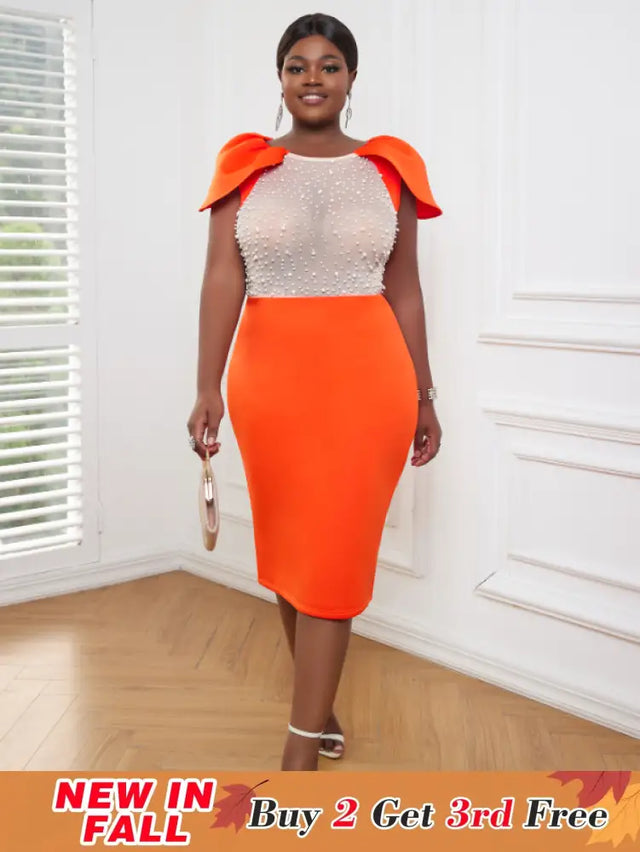 AOMEI Sexy See Through Beaded Midi Dress Orange / S