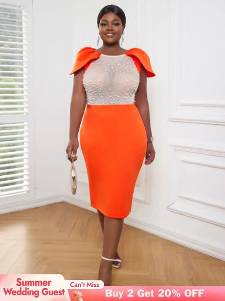 AOMEI Sexy See Through Beaded Midi Dress Orange / S