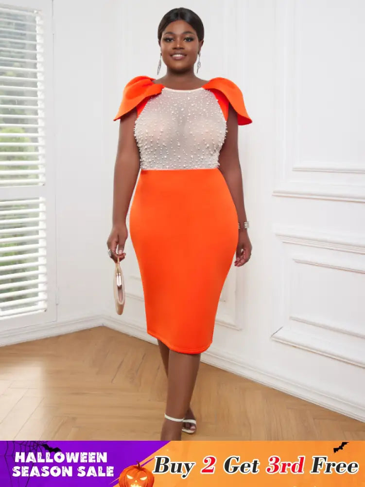 AOMEI Sexy See Through Beaded Midi Dress Orange / S