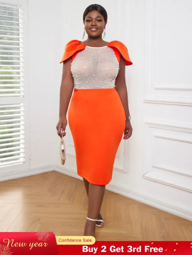 AOMEI Sexy See Through Beaded Midi Dress Orange / S