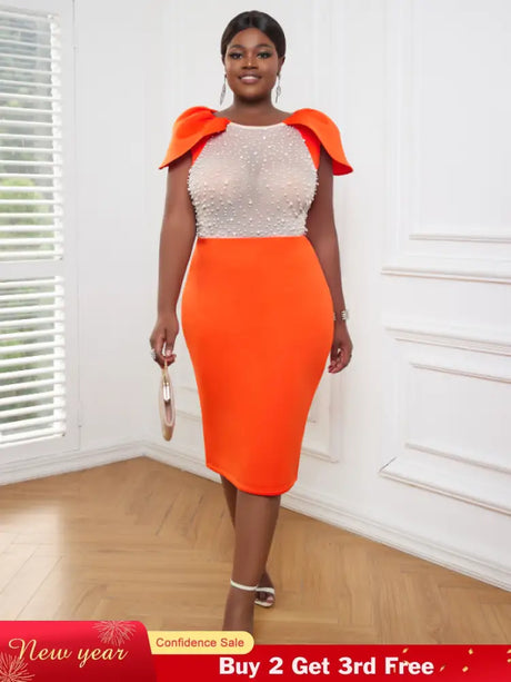 AOMEI Sexy See Through Beaded Midi Dress Orange / S