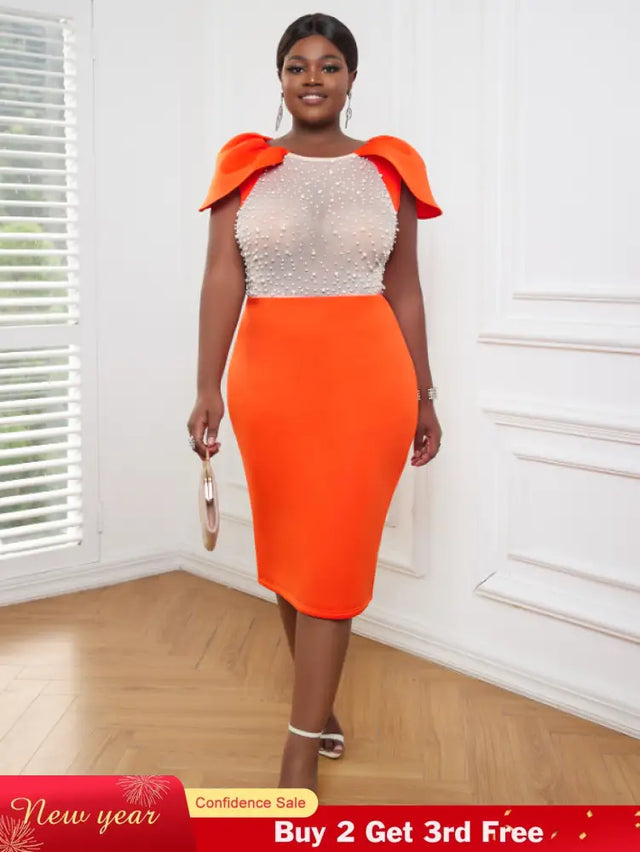 AOMEI Sexy See Through Beaded Midi Dress Orange / S