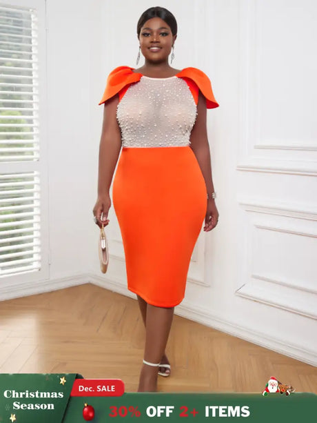 AOMEI Sexy See Through Beaded Midi Dress Orange / S