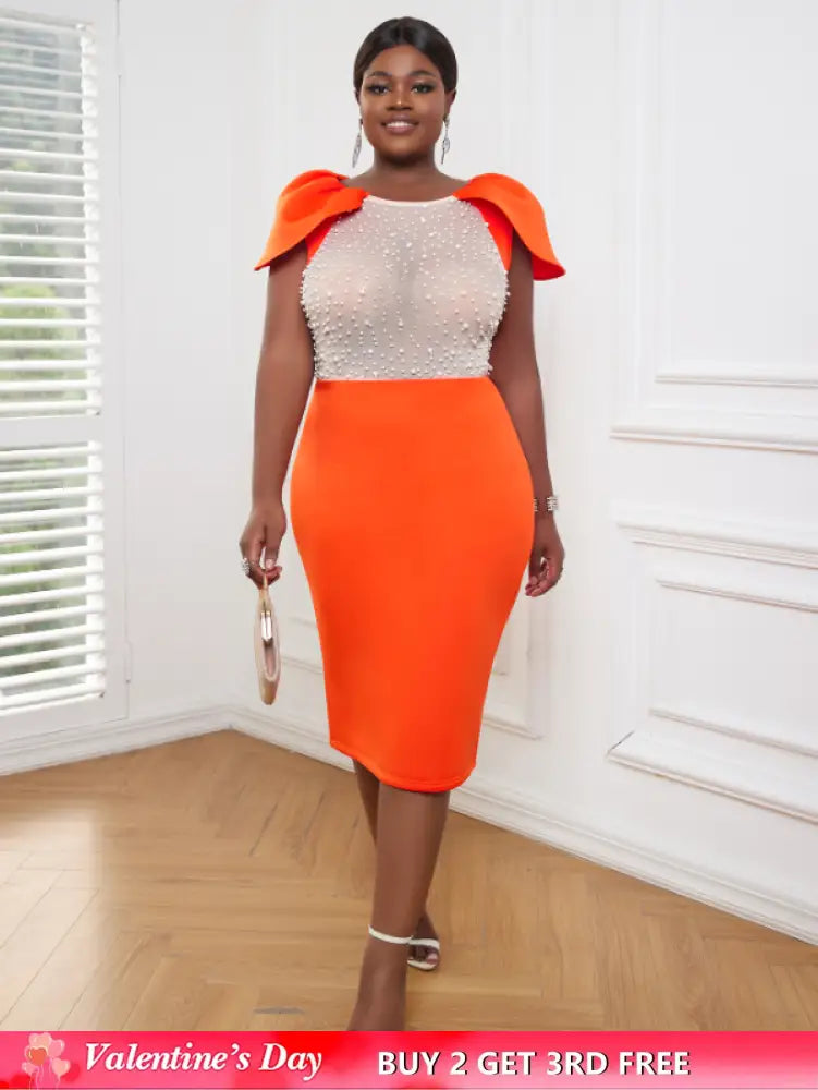 AOMEI Sexy See Through Beaded Midi Dress Orange / S