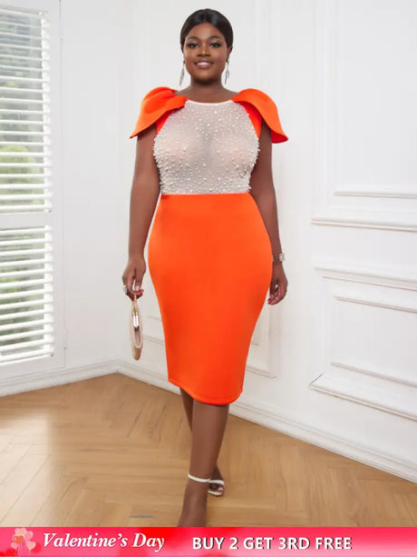 AOMEI Sexy See Through Beaded Midi Dress Orange / S