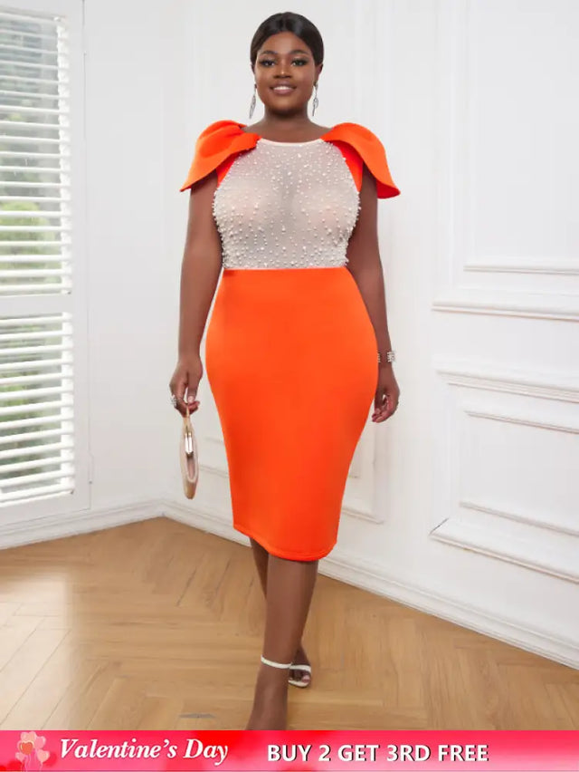 AOMEI Sexy See Through Beaded Midi Dress Orange / S