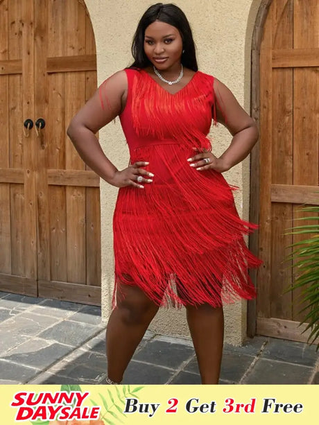 AOMEI Sexy V Neck Sleeveless Fringe Dress Mini