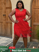 AOMEI Sexy V Neck Sleeveless Fringe Dress Mini